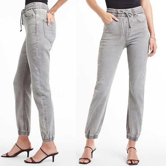 Express Super High Waisted Gray Denim Drawstring Joggers - Picture 1 of 8